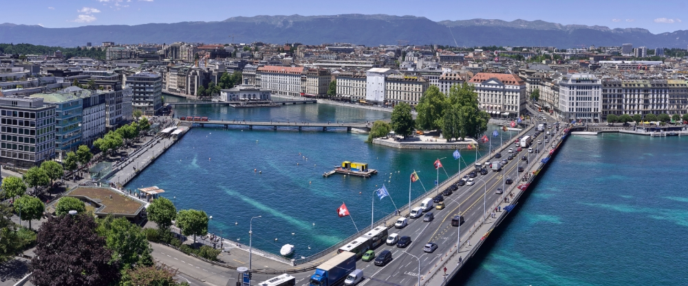 Cityscape of Geneva, Switzerland, a global centre for diplomacy and higher education, highlighting its infrastructure and natural surroundings.